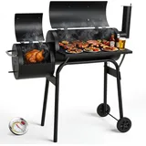 TLGREEN Holzkohlegrill BBQ Smoker Grill 2in1 Holzkohlegrill, Barrel Grill mit Schornstein, Thermometer, Lüftung, Grillablage, 2Rädern, Rauchgrill für Garten, Terrasse, Camping, Grillparty für 4–6 Personen schwarz