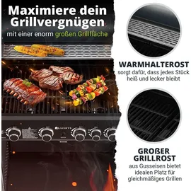 Juskys BBQ Gasgrill Savannah - 4 Brenner & 1 Seitenbrenner - Stahl Grill mit Gusseisen Grillrost,