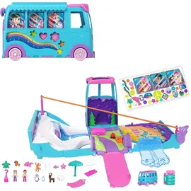 POLLY POCKET Polly Pocket-Mikropuppen und umwandelbarer Camper, mit Accessoires wie Haustieren und Spielzeugauto, mobiles Haustier-Abenteuer-Spielset, JCC22