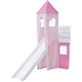 TICAA Hochbett Kasper mit Rutsche und Turm 90 x 200 cm Kiefer massiv weiß rosa/pink
