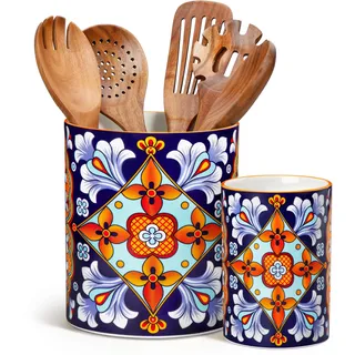 vancasso 2-tlg Küchenutensilienhalter, 18,6 cm + 14 cm Keramik Utensilienhalter im Boho-Stil, Behälter für Küchenutensilien, Kitchen Utensil Holder für Spatel & Löffel, Bernsteinfarbene Eleganz