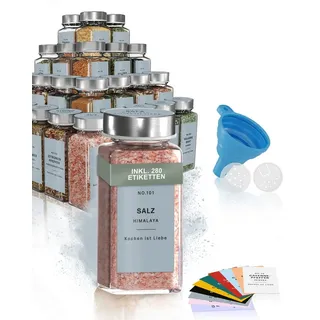 ms. emma Gewürzgläser Set, 24 elegante Gewürzdosen (120 ml) mit Gewürzetiketten in 10 Farben. Gewürzstreuer mit Streueinsätzen und Trichter. Gewürzbehälter zur Gewürze Aufbewahrung (Betongrau)