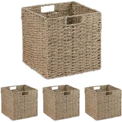Relaxdays Aufbewahrungskorb, 4er Set, Seegras, geflochtenes Design, Kleidung, Spielzeug, 30x30x30 cm, Regalkorb, natur
