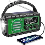 Solar Notfallradio, Kurbelradio mit 20000 mAh Powerbank, AM/FM/SW/WB Wetterradio, 4 Stromquellen, Taschenlampe & USB-C-Ladegerät & SOS-Alarm, IPX6 wasserdicht für Outdoor, Camping, Baustellen, Grün