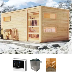Saunahaus KONIFERA "Hagen", beige (natur), Saunaofen, externe Steuerung, 9 kW, Saunen, naturbelassen, mit Ofen 9 KW externe Strg easy