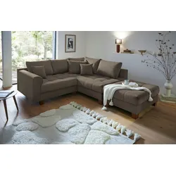 Ecksofa HOME AFFAIRE "Rice L-Form inkl. Hocker", braun (cappuccino), B:216cm H:42cm T:185cm, 100%Polyester, Sofas, mit Bonnellfederkern, Hocker & Kissen, Ottomane beidseitig montierbar