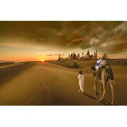 Fototapete PAPERMOON "KUWAIT-STADT-WÜSTE KAMEL DÜNEN SKYLINE STRAND MEER GOLF", bunt, B:4,00m L:2,60m, Vlies, Tapeten