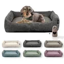 Rohrschneider Hundebett mit Gratis-Beigabe, waschbar, robuster Breit-Cordstoff grau