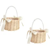 2 Stück Wicker Rattan Blumenmädchen Korb Blumenkorb mit henkel und Schleife Blumenkörbe Geflochtener Korb für Die Hochzeit Blumen (Farbband A)