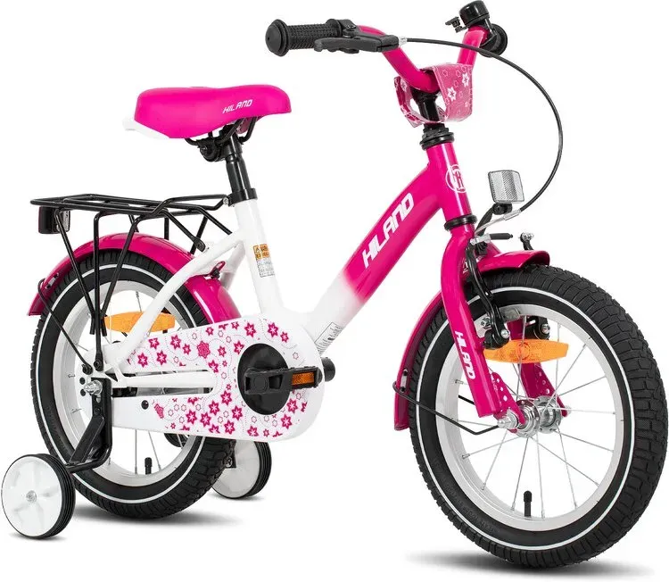 HILAND Starry Kinderfahrrad für Jungen und Mädchen, 2–7 Jahre, mit Laufgängen, Lautsprecher und Hinterrahmengestell, Pink, 14 Zoll