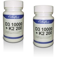 Vitamin D3 10000 I.E. (Cholecaliferol) + Vitamin K2 MK7 (natürliches Natto Menaquinon MK-7) 200mcg - 2 Dose á 90 Kapseln (180 vegane Kapseln) - Hochdosiertes Vitamin D3 + K2 - hohe Bioverfügbarkeit