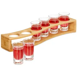 Relaxdays Schnapsbrett, mit 6 Gläsern, 4 cl, Schnapslatte geschwungen, Geschenkidee, Schnapsglashalter, Bambus, natur