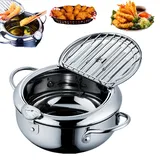 Qivine Japanischer Frittiertopf Induktion, 4,2L Friteuse Klein mit Thermometer, Edelstahl-Topf Tempura Mini Fritteuse mit Deckel und Abtropfgestell für Pommes Frites, Garnelen, Fisch