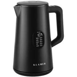 Klamer Edelstahl Wasserkocher mit Temperatureinstellung 40-100°C, Warmhaltefunktion, mattschwarzes Kaltgehäuse, doppelwandiger 1,5L Teekocher mit