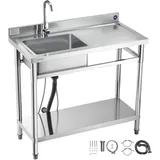 Vevor Spültisch Spülbecken Edelstahl (100 x 50 x 94 cm), Einzelbecken mit Wasserhahn & Ablage, Küchenspüle für Garage Restaurant Wäscherei, W...