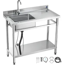 Vevor Spültisch Spülbecken Edelstahl (100 x 50 x 94 cm), Einzelbecken mit Wasserhahn & Ablage, Küchenspüle für Garage Restaurant Wäscherei, W...