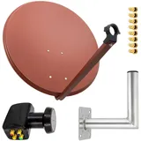 PremiumX Satelliten-Komplettanlage 80cm Satellitenschüssel Ziegelrot Quad LNB 8x F-Stecker Wandhalter 25cm, SAT bis 4 Teilnehmer