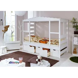Kinderbett TICAA "Lio", weiß (kiefer massiv weiß gewachst), B:96,6cm, Betten, Hausbett, inkl. Schubkasten und Rollrost