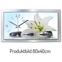 Kreative Feder Funkwanduhr 3D Designer-Wanduhr „Weiße Lilie“ aus gebürstetem Aluminium (3D-Wölbung; einzigartiges Zwei-Platten-Design; flüsterleises Uhrwerk) weiß 80 cm x 40 cm