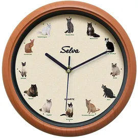 Selva Tieruhr, Wanduhr, mit Tierlauten zu jeder Stunde und farbenfrohe Illustrationen, Gehäuse aus Kunststoff, Holzoptik, Farbe:Katzen