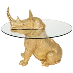 Casa Padrino Luxus Beistelltisch Nashorn Gold Ø 65 x H. 55 cm - Runder Kunstharz Tisch mit Glasplatte - Wohnzimmer Möbel - Luxus Möbel - Luxus Einrichtung - Wohnzimmer Einrichtung
