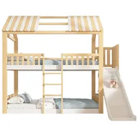 Welltin Etagenbett Kinder 90x200 mit Giebeldach Weiß & Natur (1-St), Hausbett Hochbett mit Regal und 35 cm Rutsche