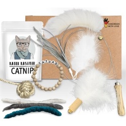 Kater Kasimir Deluxe Set mit 9 beliebten Katzenspielzeugen aus Naturmaterial und handgemachtem CATDAD Armband