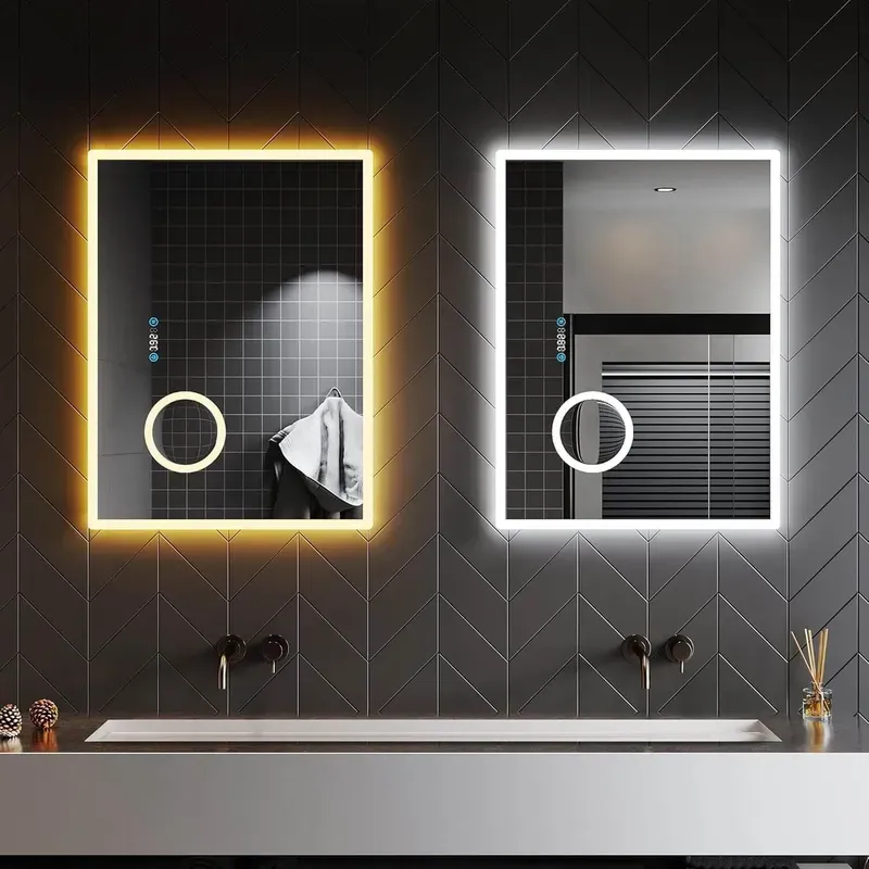 SONNI Badezimmerspiegel mit Beleuchtung Anti-Beschlag LED Touchschalter, Uhr, Temperatur, 3-Fach Vergrößerung, 80cm×60cm