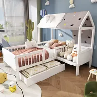SOFTWEARY Kinderbett mit Lattenrost, Rausfallschutz und Sitzbank, 90x200 cm, Hausbett mit Schubladen, Jugendbett, Einzelbett - Weiß