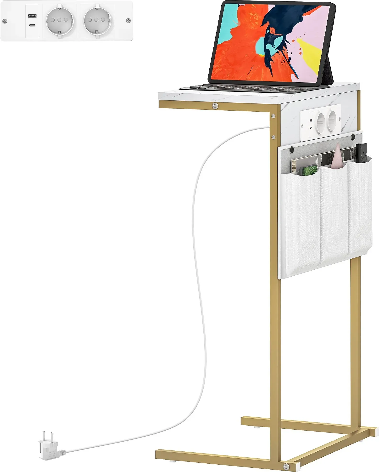 HOMCOM Couchtisch mit integrierten Steckdosen und USB, C-Form Tisch für Sofa und Bett mit Ladestation und Taschen, Wohnzimmertisch Marmoreffekt, 25,5x40x71 cm, Weiß   Aosom