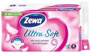 Zewa Ultra Soft Toilettenpapier, 4-lagig, Toilettentuch für den persönlichen Pflegemoment, 1 Packung = 16 Rollen à 150 Blatt