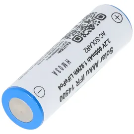 AccuCell 3,2 Volt Solar Akku Lithium IFR 14500 AA 600mAh LiFePo4 Akku mit Kopf ungeschützt 14,2 x 50,6mm