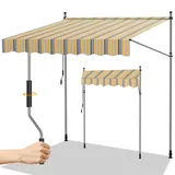 Randaco Klemmmarkise, 300x120cm Gelenkarmmarkise Markise Balkon Balkonmarkise UV-beständig Einziehbar Klemmmarkise mit Handkurbel Höhenverstellbar, Einfache Montage Gelb Blau