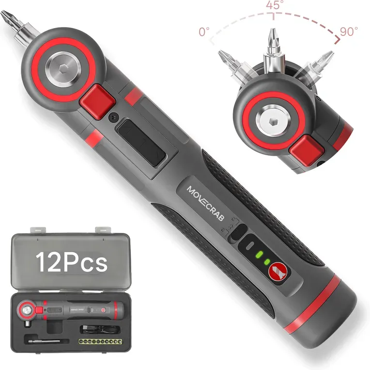 MOVECRAB 3-in-1 Winkelverstellbarer Elektro-Schraubendreher Set 12-teilig Mini Akku-Werkzeug mit LED-Leuchte & 3-stufigem Drehmoment (3-5 N·m) 2000mAh Leistungsstarker Akku-Schraubendreher für DIY-Basteln, Handy- und Laptop-Reparatur