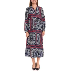 DELMAO Damen Midi-Kleid mit Allover-Print Langarm-Kleid Sommer-Kleid 58986315 Blau/Rot