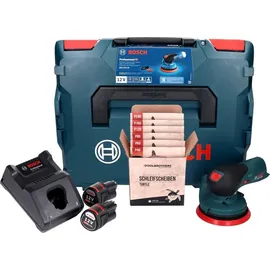 Bosch GEX 12V-125 inkl. 2x Akku 3,0 Ah + Ladegerät + Schleifset + L-Boxx