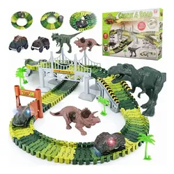 PEUBOSA Autorennbahn 160 Stück Rennstrecke Dinosaurier Spielzeuge Flexible Zugbahnen, (Set 160-tlg, Komplettset, 160-tlg., mit 2 Dinosaurierautos, 2 Dinosaurier Spielzeug), Pädagogisches Dinosaurier-Spielset Geschenk für Kinder