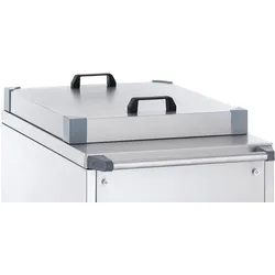 Tournus Tablettwagen mit konstanter Ausgabenhöhe mit Edelstahlverkleidung + Deckel. Plattform 560x400mm, für 140 Tabletts.