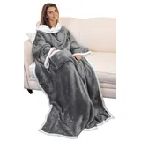 Catalonia Classy Decke mit Ärmeln als Geschenk für Frauen Herren, Flauschig Sherpa Kuscheldecke mit Ärmel, Cozy Ärmeldecke Warm Decke zum Anziehen Erwachsene, 185 x 140 cm grau - Sherpa mit / Ärmeln