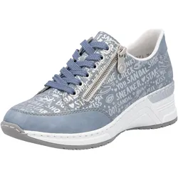 Sneaker RIEKER, Damen, Gr. 39, blau (hellblau), Lederimitat, metallic, sportlich, Schuhe Sneaker, mit Lettern bedruckt, Freizeitschuh, Halbschuh, Schnürschuh