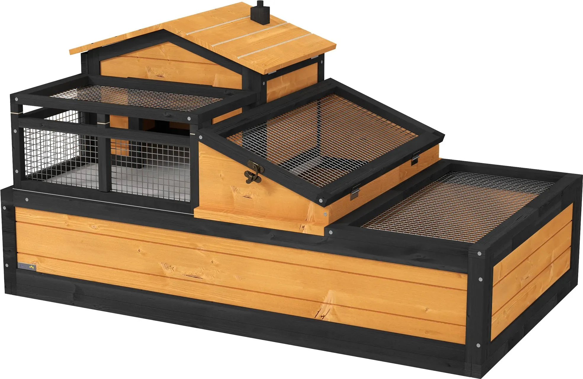 PawHut Schildkrötenhaus aus Holz, Schildkrötengehege mit zwei Ebenen, aufklappbarem Oberseite, Balkon, Reptilienkäfig Outdoor für Kleintiere 112 x 65 x 60 cm, Gelb   Aosom