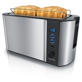 Arendo - Toaster 4 Scheiben Langschlitz Edelstahl - Defrost Funktion - wärmeisolierendes Gehäuse - mit integrierten Brötchenaufsatz - 1500W - Krümelschublade - Display mit Restzeitanzeige - Silber