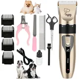 Masbekte Hundeschermaschine 12 Teiliges Hundeschermaschine-Set, Schermaschine, 5 Feineinstellstufen, Tierhaarschneidemaschine mit 4 Grenzkämmen, USB, Goldene Schermaschine für Hunde, Katzen goldfarben