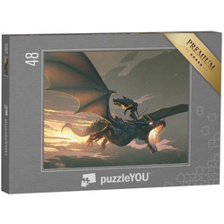 puzzleYOU Puzzle Ritter reitet den Drachen bei Sonnenuntergang, 48 Puzzleteile, puzzleYOU-Kollektionen Drache, Tiere aus Fantasy & Urzeit