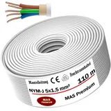 MAS Premium Feuchtraumkabel Stromkabel 5-170m Mantelleitung NYM-J 5x1,5, 2,5, 4, 6, 10 oder 16 Elektrokabel Ring für feste Verlegung (NYM-J 5x1,5 mm2, 110m)