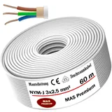 MAS Premium Feuchtraumkabel Stromkabel Mantelleitung Deutscher Marken-Elektrokabel Ring zur Verlegung über, auf, in und unter Putz, in trockenen, feuchten und nassen Räumen (NYM-J 3x2,5 mm2, 60m)