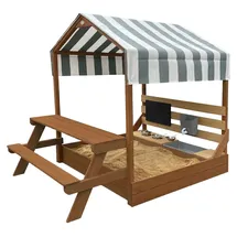 Axi Bo Sandkasten & Spielhaus aus Holz mit Spielküche, Dach und Picknicktisch - Braun | Sandkasten inklusive 6-teiligem Zubehörset | Mit Bodenpla... | Braun