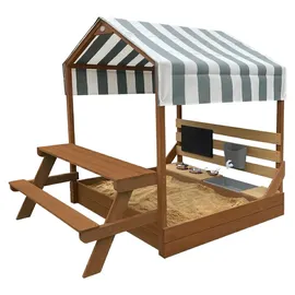 Axi Bo Sandkasten & Spielhaus aus Holz mit Spielküche, Dach und Picknicktisch - Braun | Sandkasten inklusive 6-teiligem Zubehörset | Mit Bodenpla... | Braun