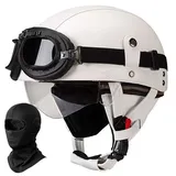 Deutscher Leder Motorrad Halbhelm für Erwachsene Männer Frauen, Vintage Halbschalen-Helm ECE Geprüft Halbschalenhelm mit Schutzbrille Visier, für Fahrrad Cruiser Scooter Chopper