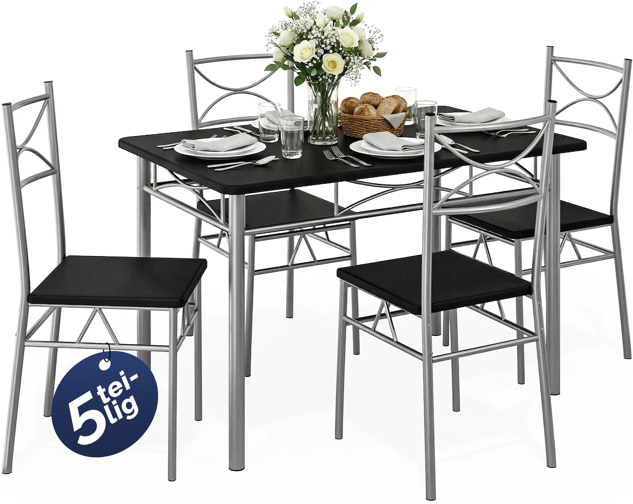 Dining Table Chairs Set Paul 5 Pcs Black